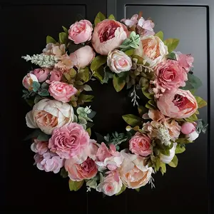 Spring Peony Wreath Artificial Flower Decor Rustic Door Hanger for Wedding Home & Hotel 45cm Diameter Durable Low Maintenance Handcrafted Silk Flowers