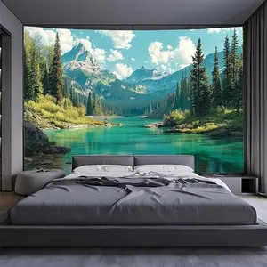 1pc Mountain Lake Scenery Wall Mural, Polyester Photo Wallpaper, Suitable for TV Background, Bedroom, Living Room Sofa Wall - Perfect for Party Banners, Supplies and Birthday Decorations