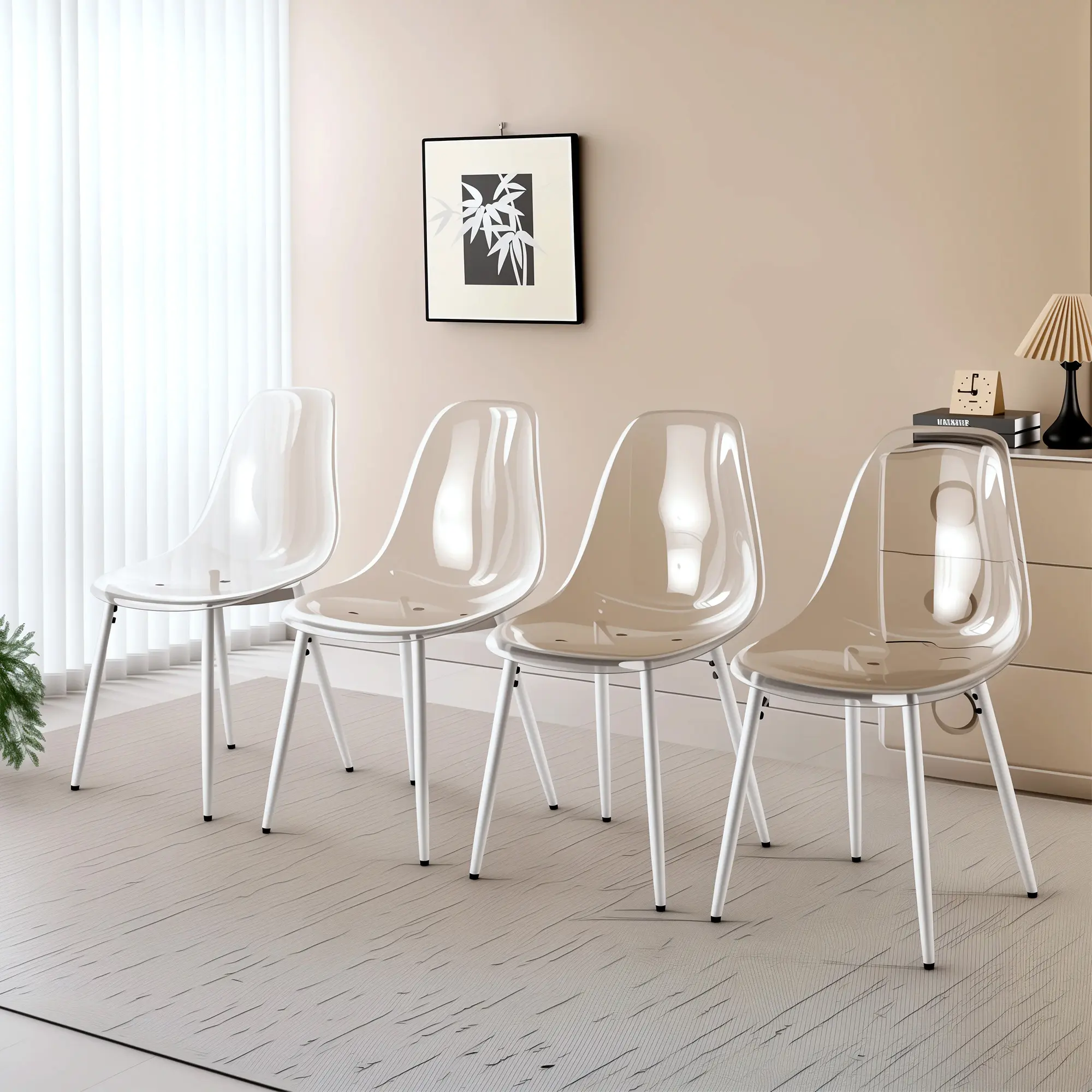Set of 4 Dining Chairs with Transparent Antique White Acrylic Seat and Metal Legs, Modern Minimalist Design, Easy Assembly, 18.3"W x 19.7"D x 33.5"H, Iron+Plastic