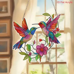 2D Flat Acrylic, DIY Diamond Painting Kit, Hummingbird And Flower Diamond Art Hanging, Acrylic Mosaic Embroidery, Irregular Shape Crystal Sun Catcher, Suitable for Beginners And Adults