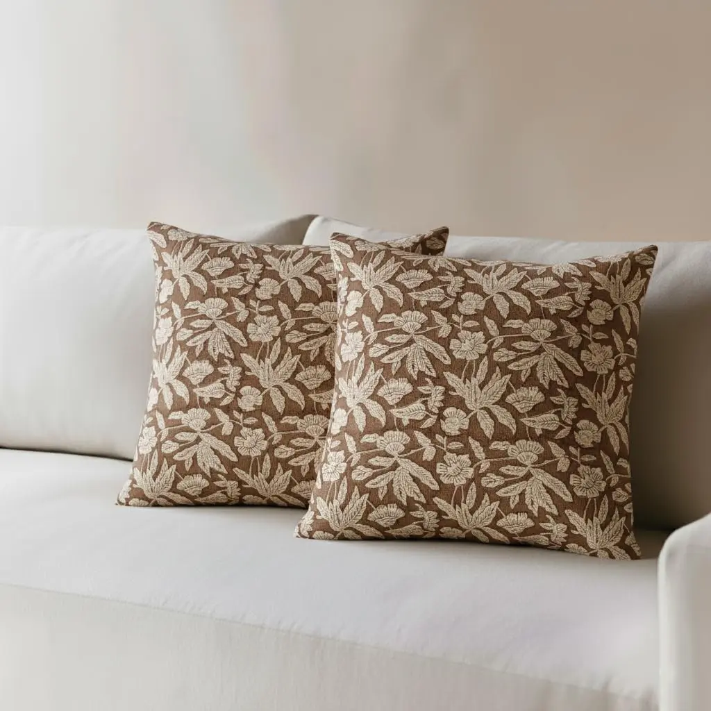 RAMETI Brown Floral Pillow Covers - Set of 2 Washable Cotton Hand Block Print Pillow Covers with Hidden Zipper, Double-Sided Block Print Design, Decorative Cushion Covers for Home