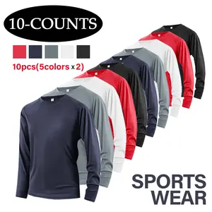 10-Pack Set Of Men's Solid Color Round Neck Long Sleeve Sport T-shirts, Outdoor Casual Fitness Sportswear, Lightweight, Men's Fitness Outdoor Sports T-shirts