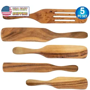 NEW Spatula Spurtle Kitchen Cooking Utensil 5pc Set Teak Wood Non Stick Wooden USA Fast Shipping
