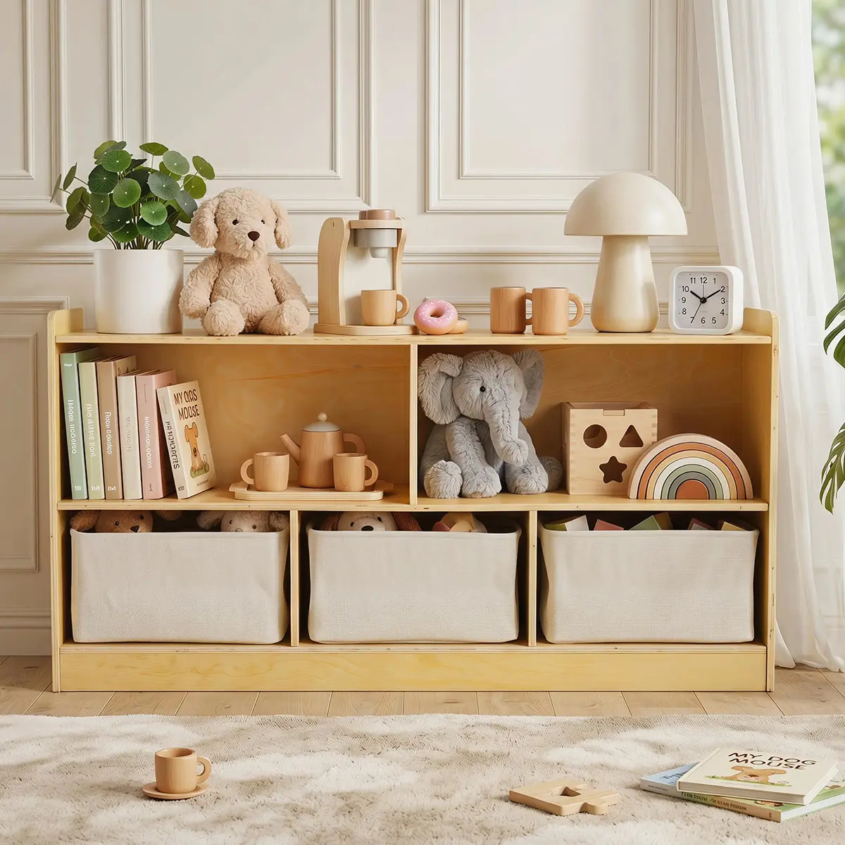 Montessori Shelf with Storage Boxes, Wooden Toy Storage Organizer for Books Toys, 2 Shelf Bookcase, 5-Section Storage Cabinet, Toddler Book Shelf for Kids Rooms, Playroom, Nursery, Kindergarten, Ideal Toddler Gift