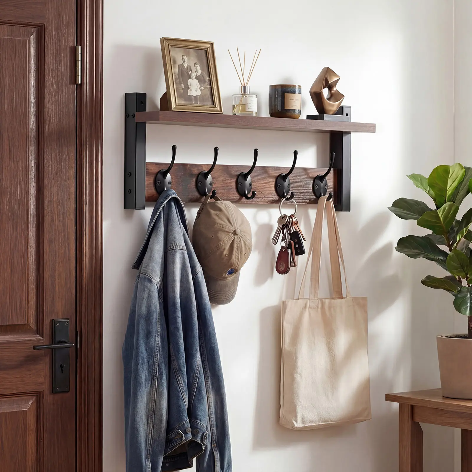 Wall Hooks with Shelf, Wood Key&Hat Rack with Shelf Wall-Mounted, Entryway Hanging Shelves with 5 Metal Hooks for Clothes Hats Towel Purse Robes, Bathroom Mudroom Bedroom, Rustic Brown