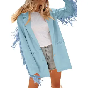 Lannew Womens Faux Suede Fringe Jacket Casual Blazer Long Sleeve Lapel Button Front Suit Jackets RT8225