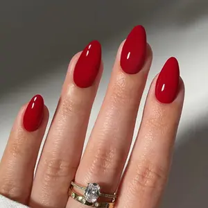 Red Press on Nails Fall Medium Almond Fake Nails Solid Red Color False Nails Reusable Glossy Artificial Acrylic Nails Press ons Halloween Nail for Women Girls Daily Wear Manicure 24pcs