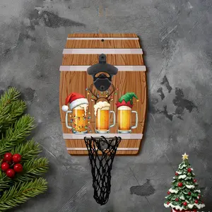 1pc Christmas Theme Wall Mounted Wooden Bottle Opener with Cap Collector Durable Metal Mechanism, barrel shape, Easy Clean Design, Perfect for Home, Garden, Bar & Outdoor Dining Areas Beer Accessories, Wall Mounted Bottle Opener