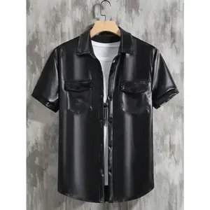Pu Leather Flap Pocket Short Sleeve Button Up Shirt Party Collar TopRAIMENTRY