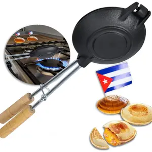 Disquera de Pan Cubano Redondo (1 Unit) - Cast Iron Cuban Sandwich Press for Disco Volador Para Sandwich - 15" Traditional Sandwich Maker with Wooden Handles