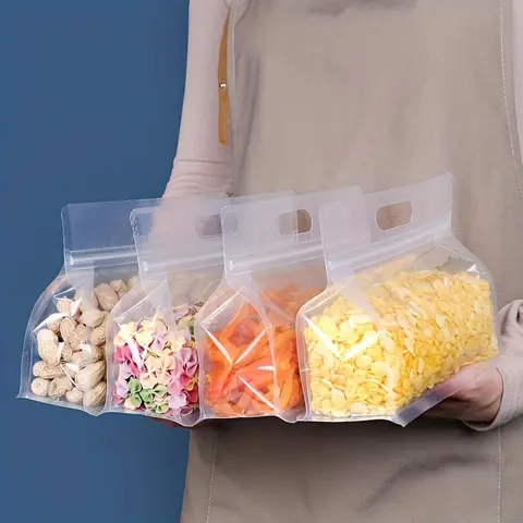 Clear Portable 10pcs Reusable Food Storage Bag with Handle, Food Storage Containers, Organized Food Storage, Food Grade Plastic, Party Favor Treat Bag, Kitchen Organizer, Kitchen Accessories & Utensils