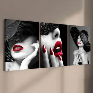 Wooden Framed Canvas Painting Ornaments , 3 Counts/set Modern Fashion Woman Pattern Wall Art Decoration , Wall Decor for Home Living Room Bedroom Office Print Artistic Multicolor