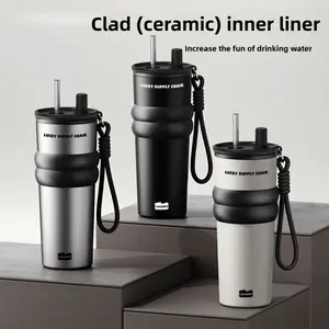 24oz Ceramic Lined Insulated Tumbler with Straw & Carry Strap, Double Wall Vacuum Insulated Stainless Steel Coffee Cup, Leakproof Lid, BPA Free, Keep Cold 24H/Hot 12H, Perfect for Iced Coffee, Travel, Car, Office