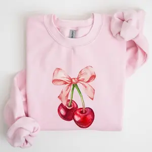 Cherries, Pink Bows, Coquette, Girly, Soft Girl Era Sweatshirt, Women's Crew Neck, Crewneck