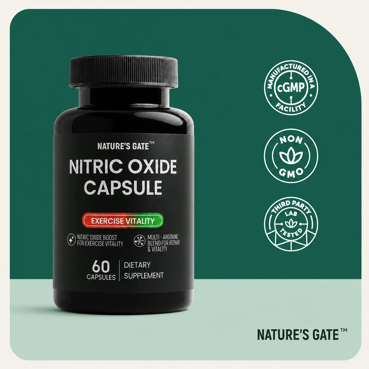 Nature’s Gate Nitric Oxide Support Capsules, 5-in-1 L-Arginine & L-Citrulline Complex, Blood Flow, Exercise Performance, Energy & Endurance Support, 60 Capsules