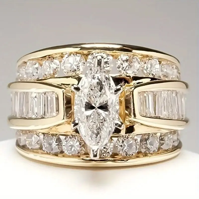 Luxury Engagement Ring for Women with Marquise Cubic Zirconia Stone, 6-Prong Wide Band, KC Gold Plated Fake Gold Rings, Marquise-Cut Rings
