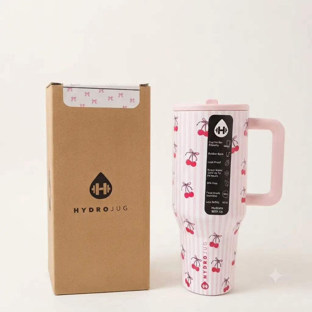 HydroJug Insulated Stainless Steel Water Bottle – 40oz Pink Striped Cherry Aesthetic Leak-Proof Travel Tumbler with Handle & Straw