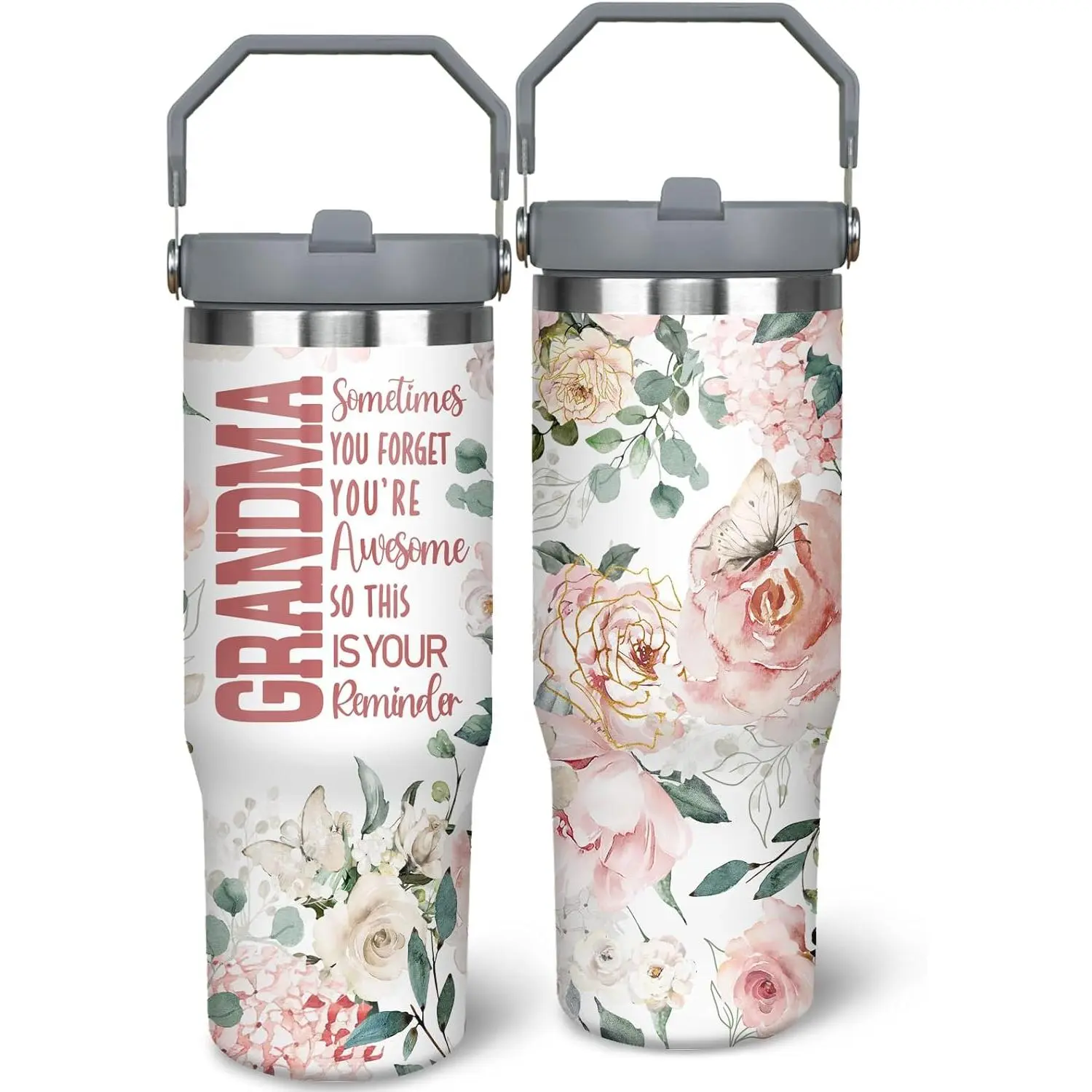 30oz Portable Stainless Steel Insulated Grandma Tumbler Flask with Floral Print, Handle, Straw, Lid, Christmas-Birthday Gifts for Grammy/Gigi/Mimi, Kitchenware Vacuum Drinkware