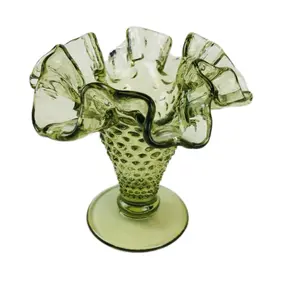Vintage Trumpet Vase Green Hobnail Pattern Double Crimped Rim Decorative Glassware for Home Decor