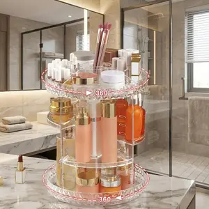 1 large-capacity 360-degree rotating cosmetic storage rack, aesthetic transparent diamond pattern cosmetic rotary cart, multi-layer adjustable skin care products, lipstick and perfume shelves, dresser decorative storage rack