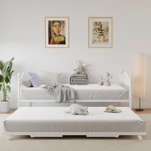 Daybed With Trundle Metal Twin Size Day Bed With Stylish Headboard Sofa BedFrame With Pop Up Foldable Trundle Bed Heavy Duty Steel Slats Platform for Living Room Bedroom and Guest Room White