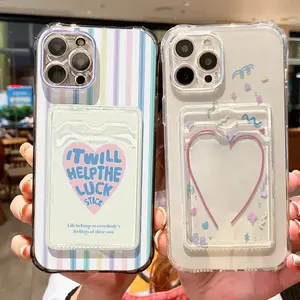 Korean Cute Love Heart Wallet Card Holder Bag Phone Case For iPhone 17 11 12 13 14 15 16 Pro Max X XR XS 7 8 Plus Clear Cover