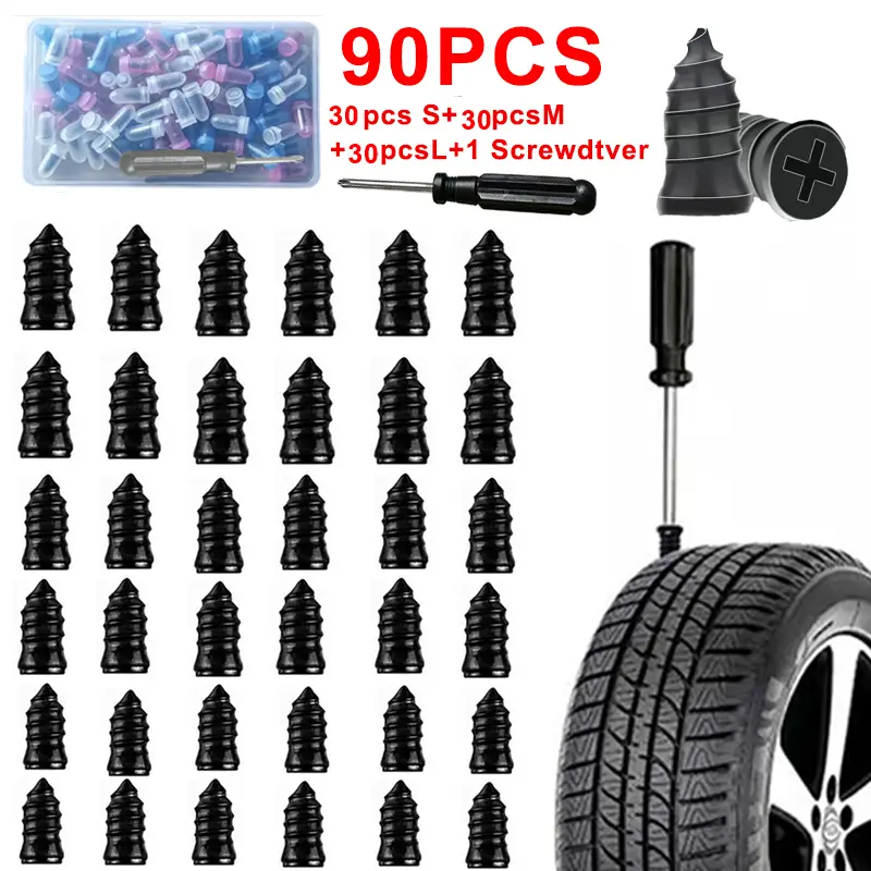 90Pcs Tubeless Tire Fix Screw Plugs Kit,3 Sizes Quick Repair Supplies, Self-Service Vacuum Rubber Nail Tool for Car Owners (Cars, Motorcycles)
