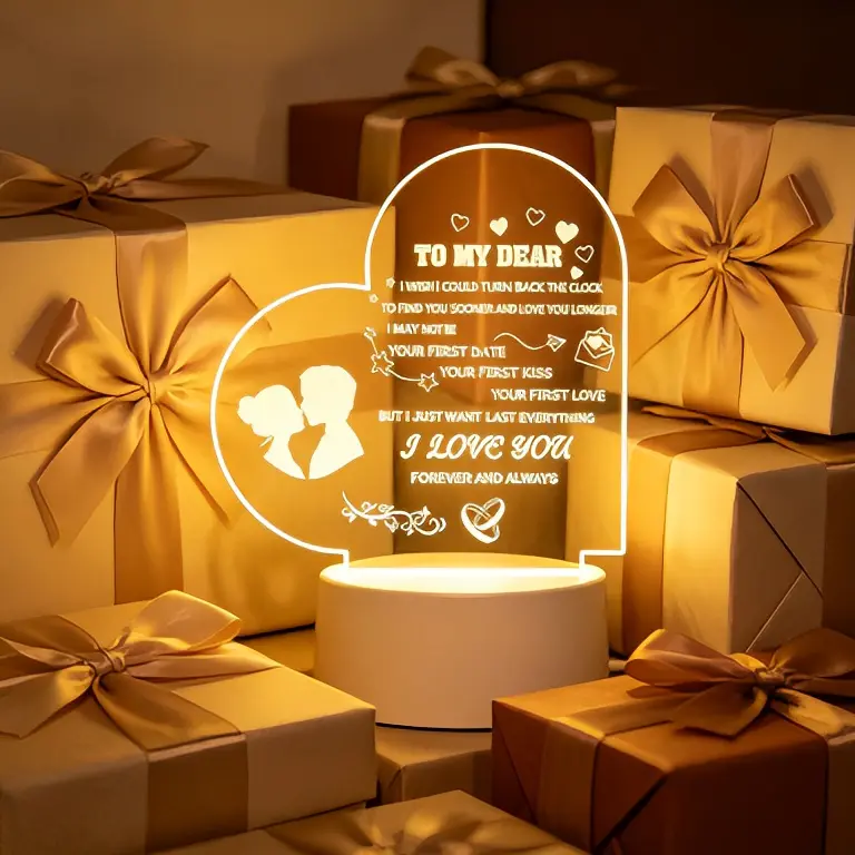 2D Engraved Double Heart Acrylic LED Night Light - Decorative Lighting with "I Love You" Quote, Abs Base, Desktop Placement, Enhances Ambiance, Romantic Anniversary Valentine's Day Birthday Gift