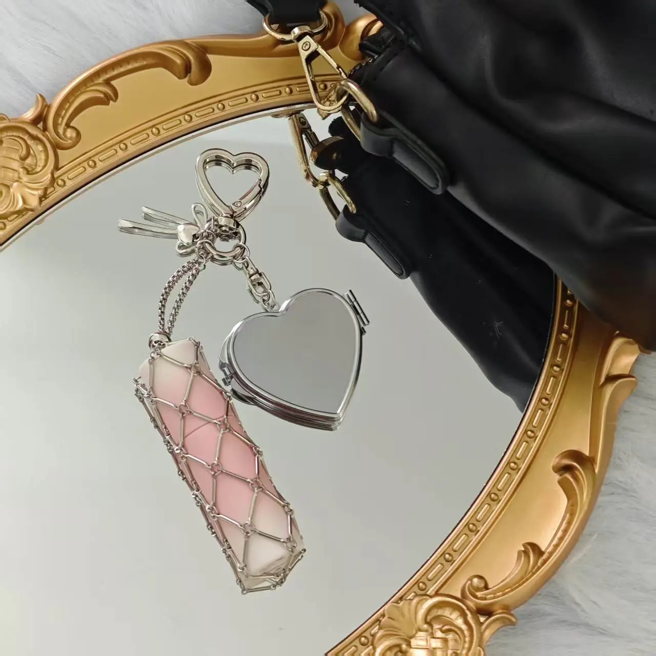 Elegant Heart Shape Fashion Accessory - Lipstick Storage Mirror Bag with Mesh Pocket, Keychain, for Organizing Makeup Products, Bag Hanging Decoration, Organize Your Makeup, Plain, Portable, Bags For Everyday, Everyday
