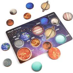 Solar System Wooden Puzzle Toys for Kids 3-5 Toddler Outer Space Montessori Planet Toys Gifts for Girls Boys Preschool Solar System Learning Planet Wood Puzzle Board Sensory STEM Game