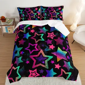 Color Star Comforter Set Kids Bedroom Set,Neon Light Star Bedding Twin Size Comforter Sets for Boys Girls Room,Bedding Sets with 2 Pillowcases.