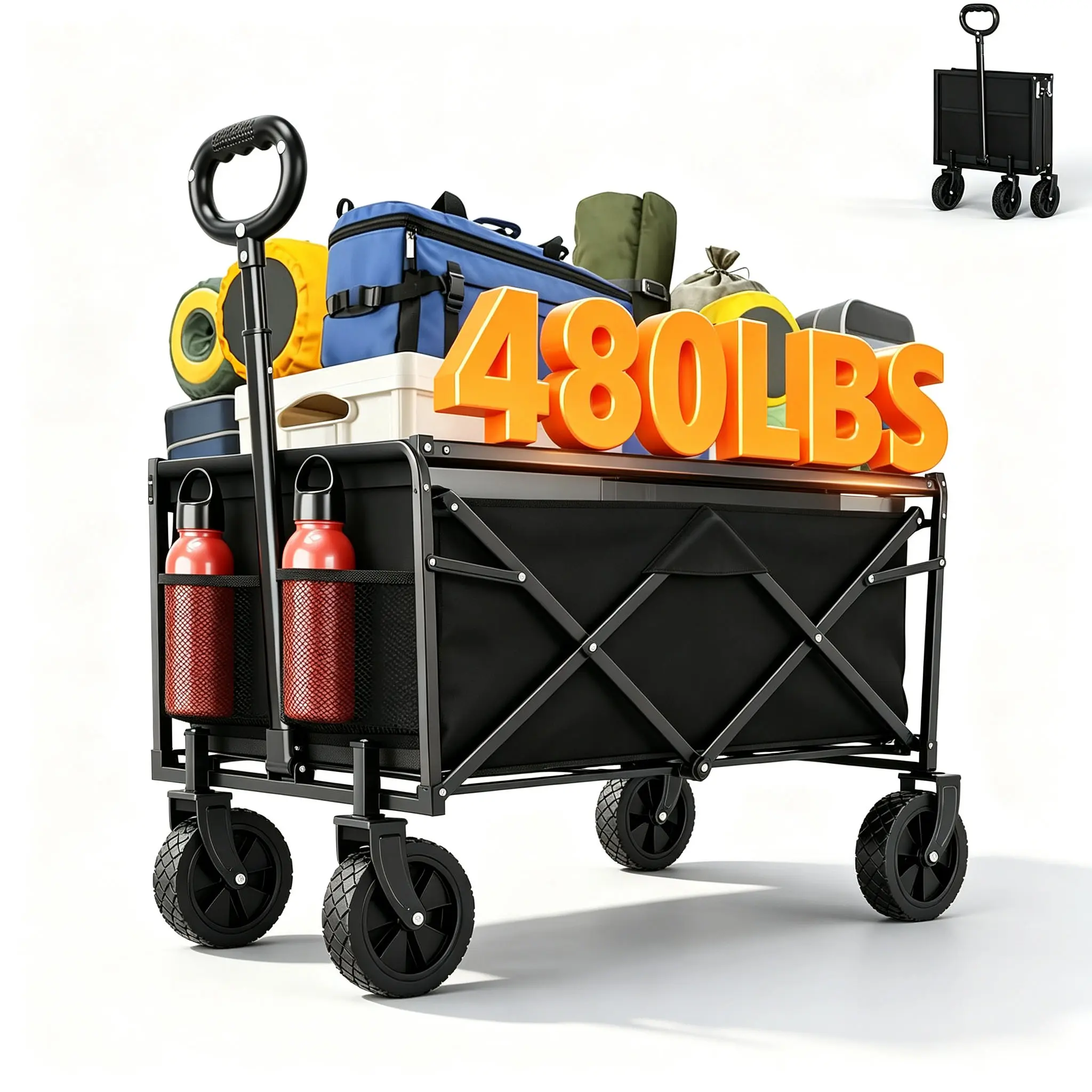 Heavy Duty Foldable Utility Wagon Cart, 480 LBS Max Load, Reinforced Metal Frame, All Terrain Big Wheels, Collapsible Hauling Cart for Home Renovation, Yard Work, Building Supplies & Garden Materials, Collapsible Cart, Haul Supplies