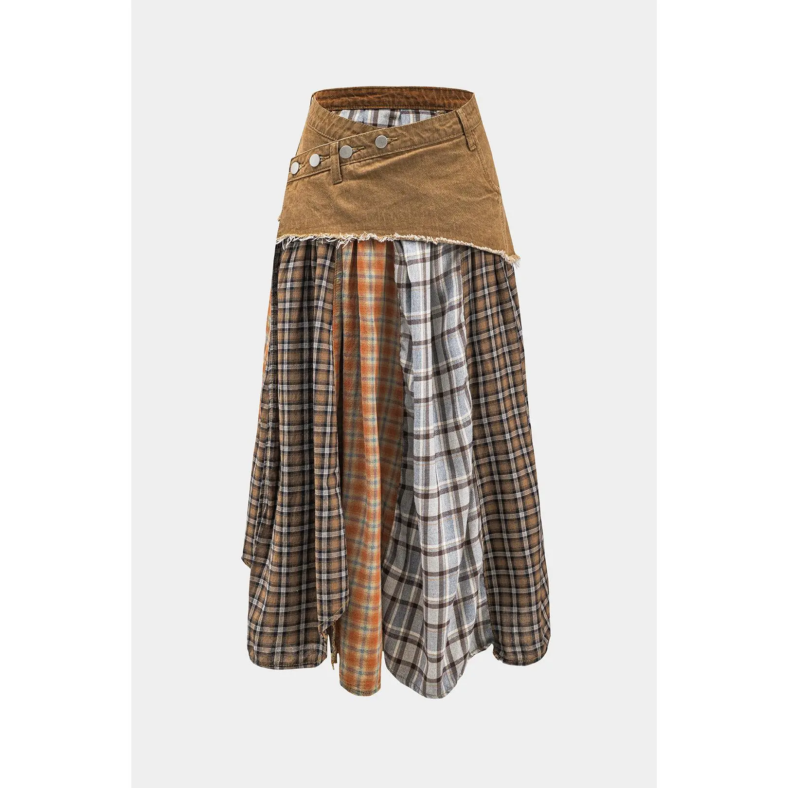 Women's Color Block-Plaid Print Denim Patchwork Asymmetrical Multi-Size Skirt