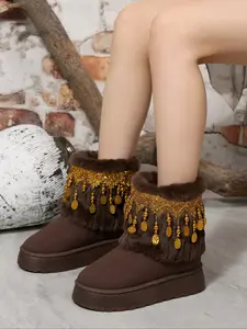 Women's Cozy Soft Fleece-lined Snow Boots, Niche Design with Tassels & Beads, Platform Ankle Boots