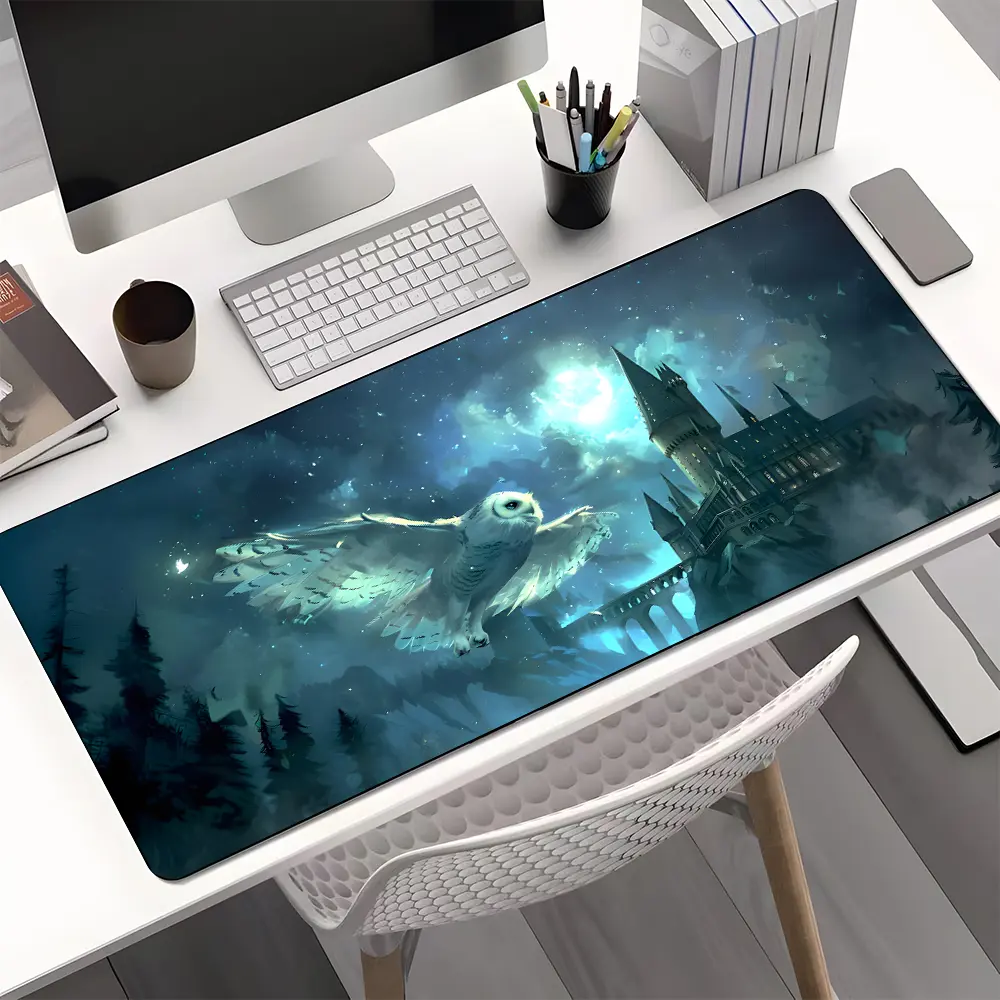 Wizard Castle Blue Magical Owl Patronus Large Game Mouse Pad, Desk Accessories, Desktop Accessory, desktop decoration pad, Rubber pad non-slip lock edge work pad, multi-size mouse pad suitable for laptop, desktop games, work, family, good gift for kids