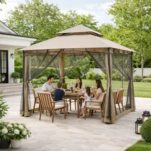 SeeHill 10' x 10' Outdoor Sturdy Patio Gazebo, Steel Frame Patio Gazebos with Double Roofs, Gazebos Tent for Party, Outdoor Gazebo Canopy with Mosquito Netting for Garden, Lawn, Backyard, Deck, Sand Khaki outdoor pergola