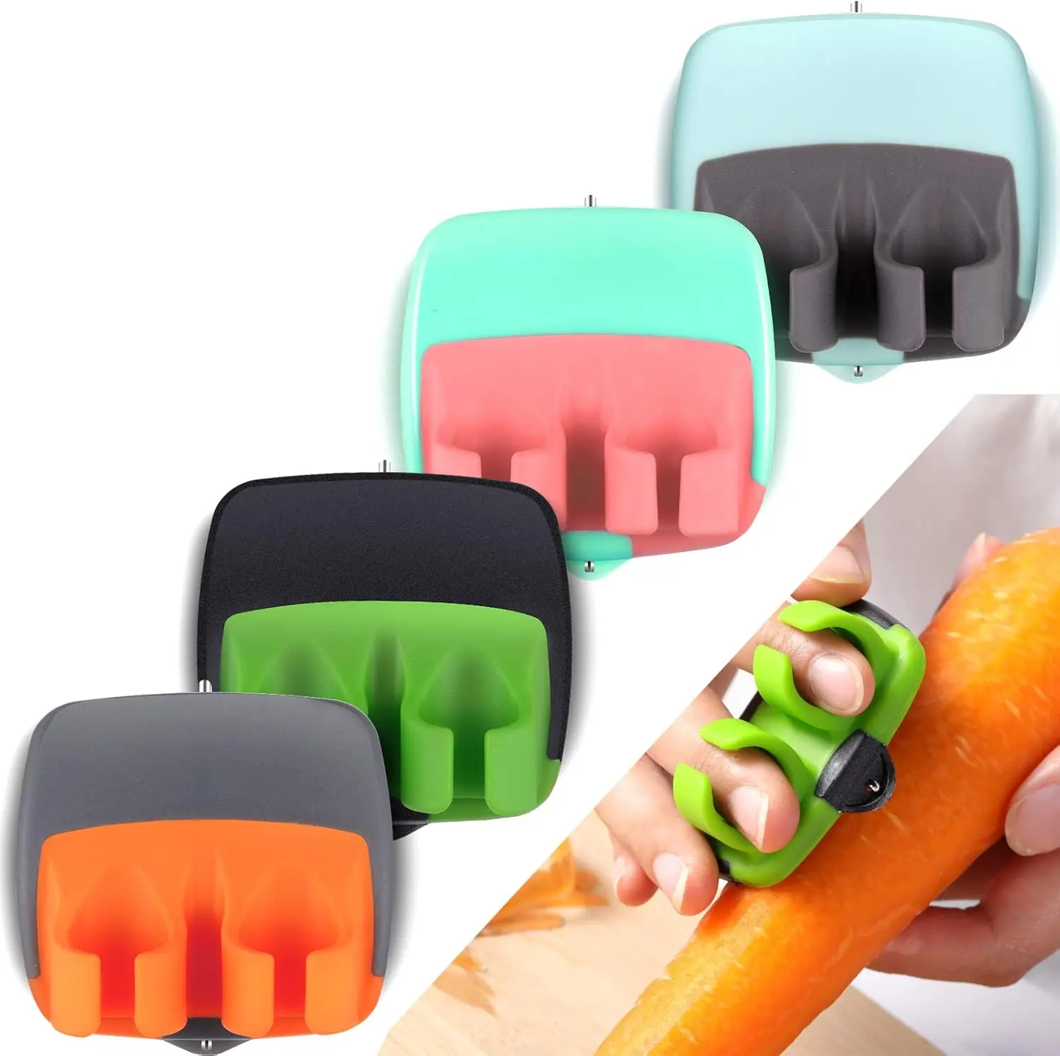 4-Piece Manual Stainless Steel Straight Blade Finger Palm Peelers with Comfortable Rubber Finger Grip, Assorted Colors, 2.92 oz, for Daily Use Peeling Pumpkin, Carrot, Sweet Potatoes (Manual Operation Kitchen Utensil), Comfortable And Secure Handling