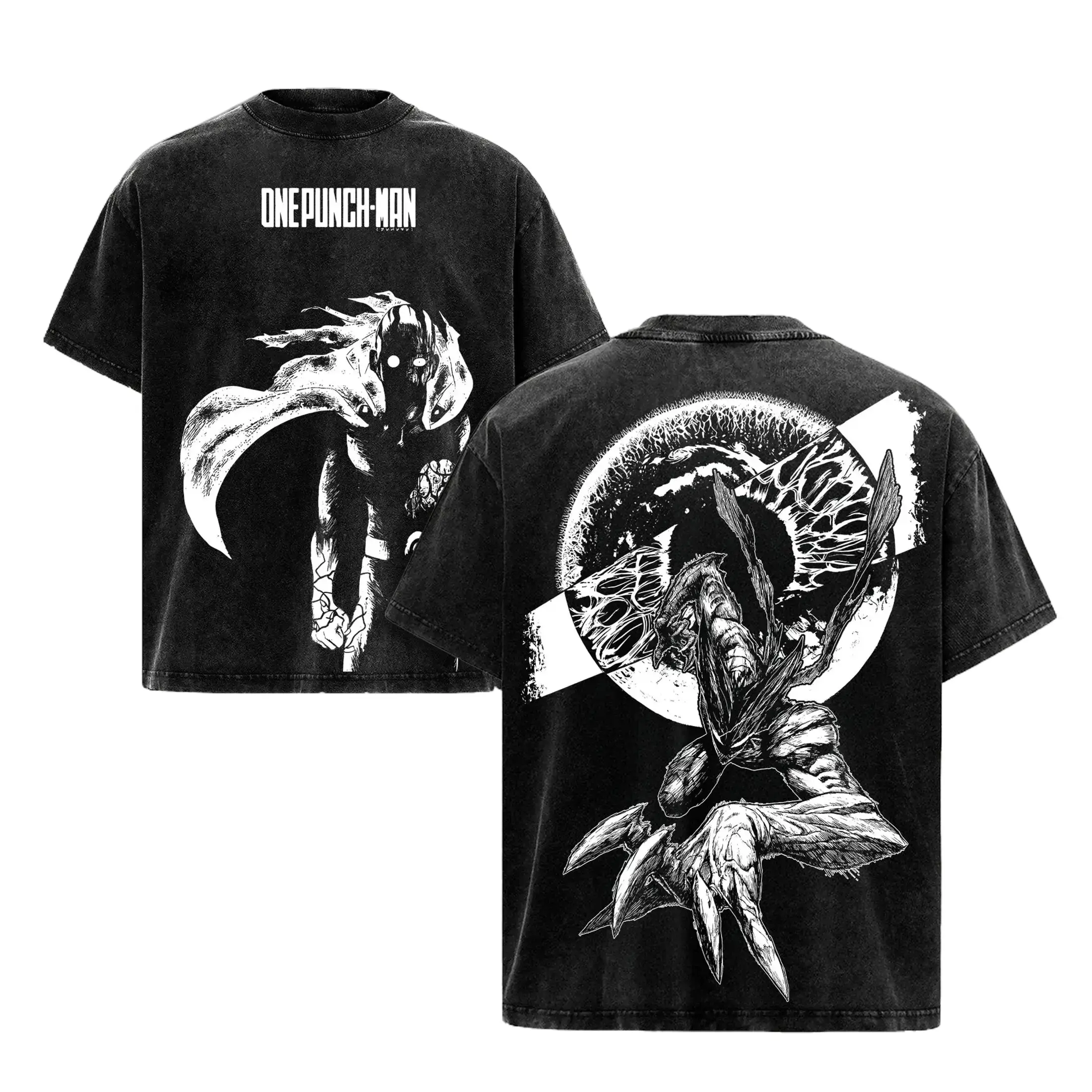 Men's 1-Punch Man Graphic T-Shirt - Saitama vs Garou Oversized 230gsm Heavy Cotton Tee, Vintage Washed Round Neck Streetwear, Pre-Washed Soft Tops (2XL, 3XL, 4XL)