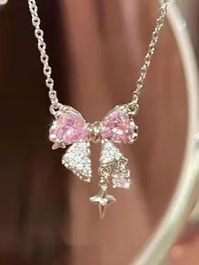Women's Elegant Bow Design Pendant Necklace, Sparkling Rhinestones Chains, Daily Clothing Decor, Trendy All-match & Exquisite Jewelry for Birthday Gift, Daily Wear Necklace, Bling Necklace, Dainty Necklace