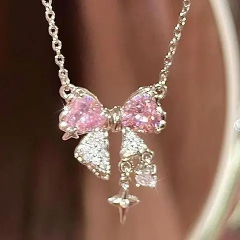 Women's Elegant Bow Design Pendant Necklace, Sparkling Rhinestones Chains, Daily Clothing Decor, Trendy All-match & Exquisite Jewelry for Birthday Gift, Daily Wear Necklace, Bling Necklace, Dainty Necklace, Rhinestone Decorated Necklace