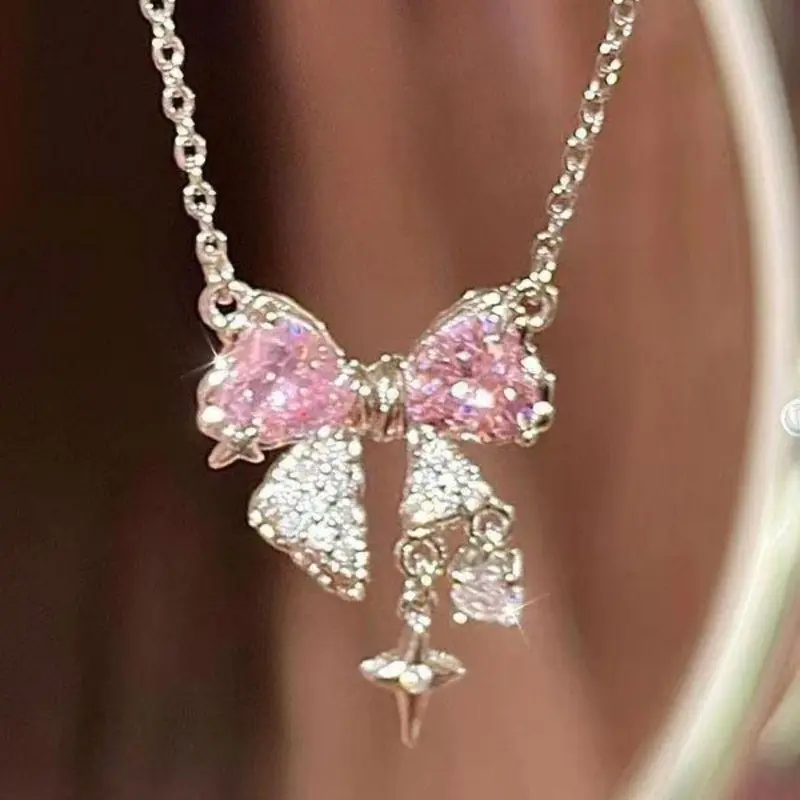 Women's Elegant Bow Design Pendant Necklace, Sparkling Rhinestones Chains, Daily Clothing Decor, Trendy All-match & Exquisite Jewelry for Birthday Gift, Daily Wear Necklace, Bling Necklace, Dainty Necklace, Rhinestone Decorated Necklace