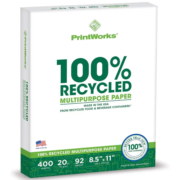 PrintWorks 100% Recycled Printer Paper 8.5" x 11" White - 20 lb Copy & Multipurpose Computer Paper - 1 Pack, 400 Sheets - Made in the USA - 92 Bright - Printer & Copier Compatible (00018)