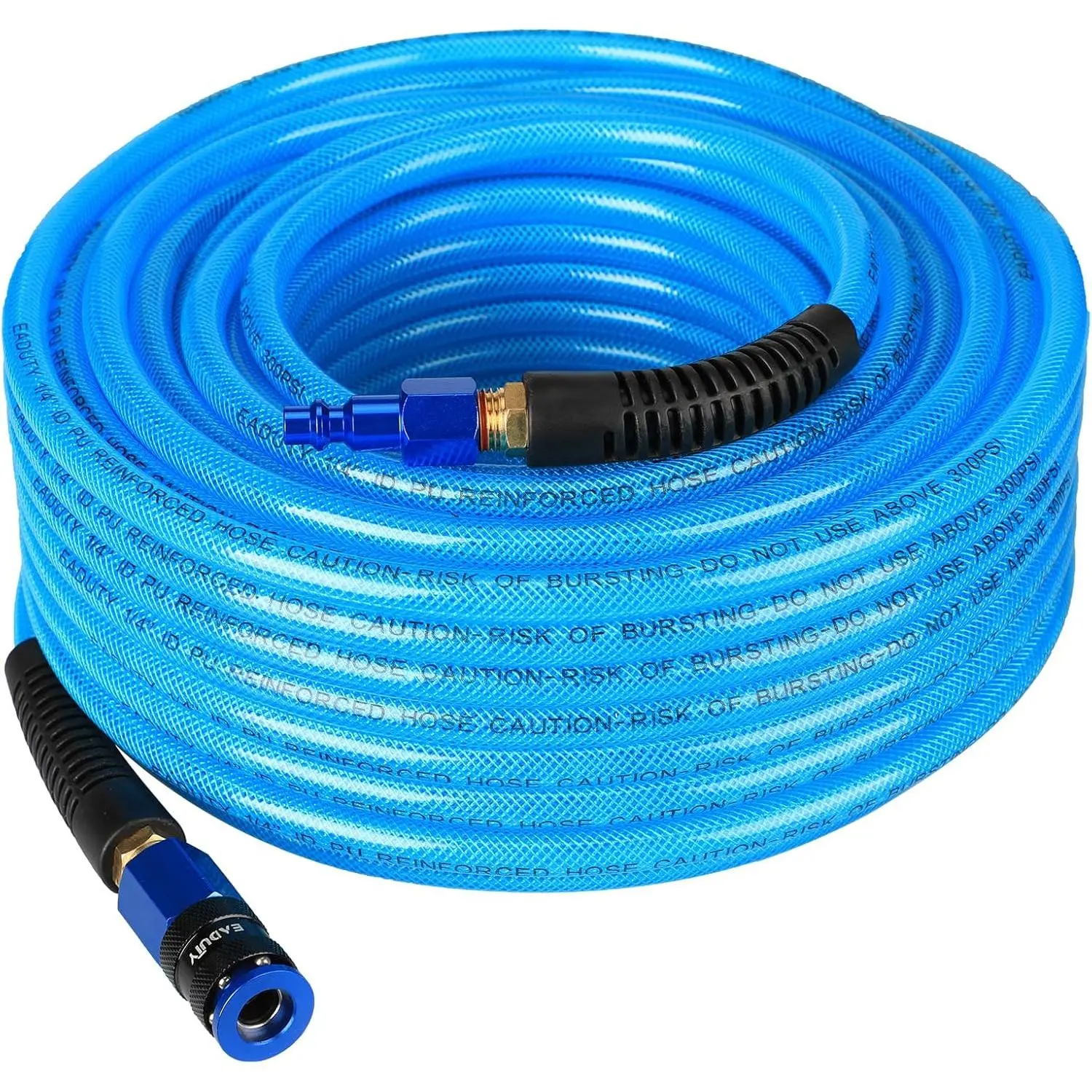 Heavy Duty Reinforced Polyurethane Air Hose 1/4 in x 100 ft, Lightweight, Flexible Compressor Hose with Universal Quick Coupler, Plug and Bend Restrictors, Blue