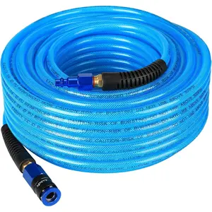 Heavy Duty Reinforced Polyurethane Air Hose 1/4 in x 100 ft, Lightweight, Flexible Compressor Hose with Universal Quick Coupler, Plug and Bend Restrictors, Blue