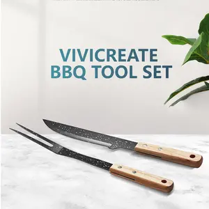 Vivicreate Barbecue Grill Accessories Knife Fork 2 pcs Set 13 inch Length nonstick Material with Wood Handle