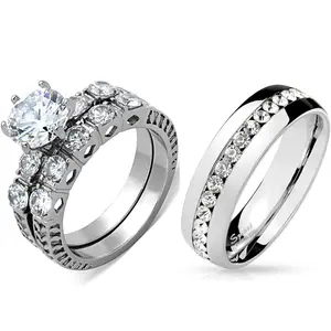 His Hers 3 PCS 8x8mm Brilliant Cut CZ Womens Wedding Ring Set Mens All Around Clear CZ Band