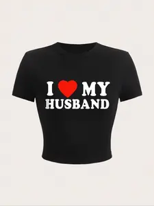 Women's "i Love My Husband" Print Round Neck Crop Tee, T Shirts for Women, Graphic Tees, Casual Heart & Letter Print Short Sleeve Tee for Summer, Ladies Clothes for Daily Wear Valentine's Day, Gift, Womenswear
