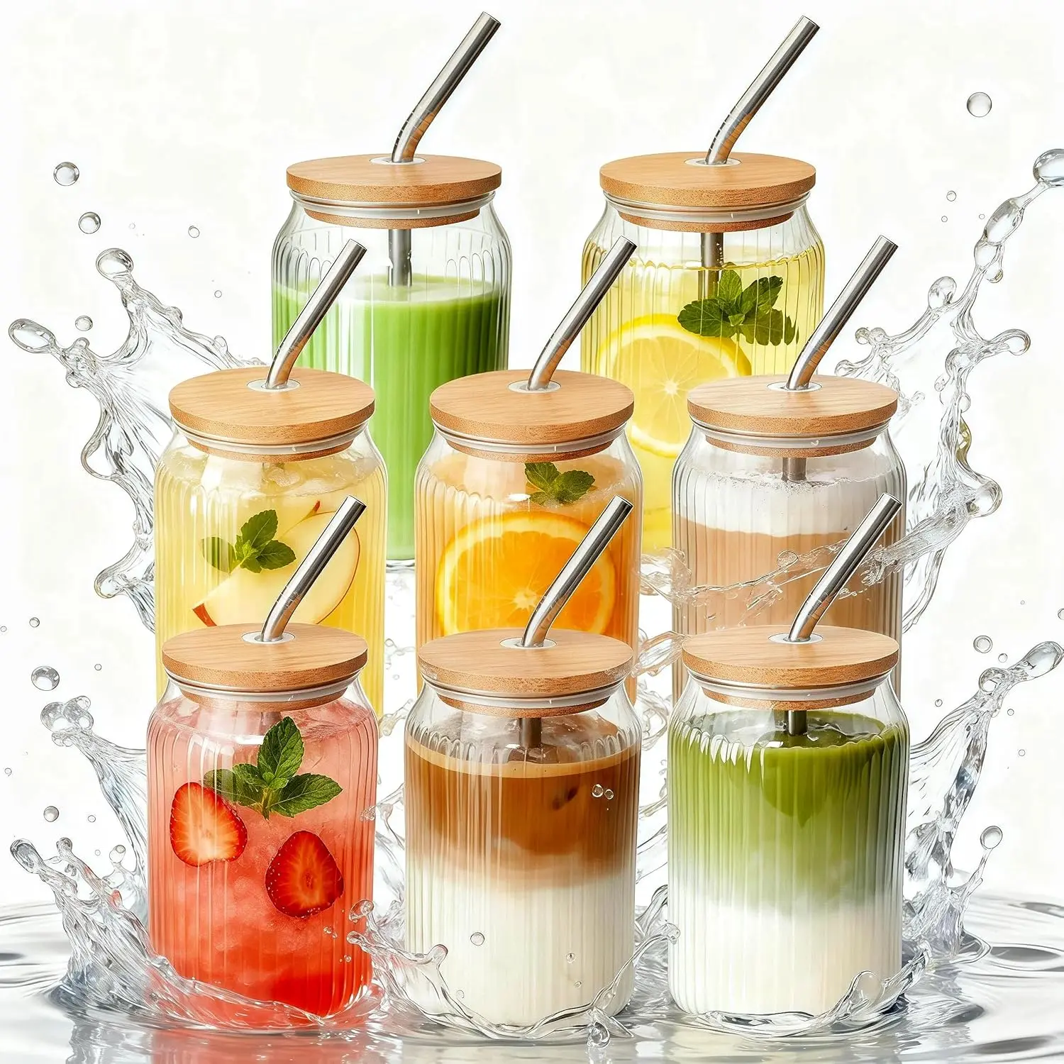 8 Packs Ribbed Glass Tumbler with Lid and Straw Ice Coffee Cup Kitchen Gadgets 16 oz Apartment Essentials New Home Must Haves Things Stuff Accessories House Warming Housewarming Hostess Host Gift