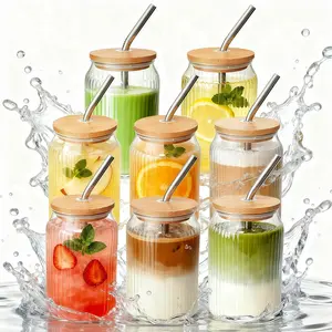 8 Packs Ribbed Glass Tumbler with Lid and Straw Ice Coffee Cup Kitchen Gadgets 16 oz Apartment Essentials New Home Must Haves Things Stuff Accessories House Warming Housewarming Hostess Host Gift