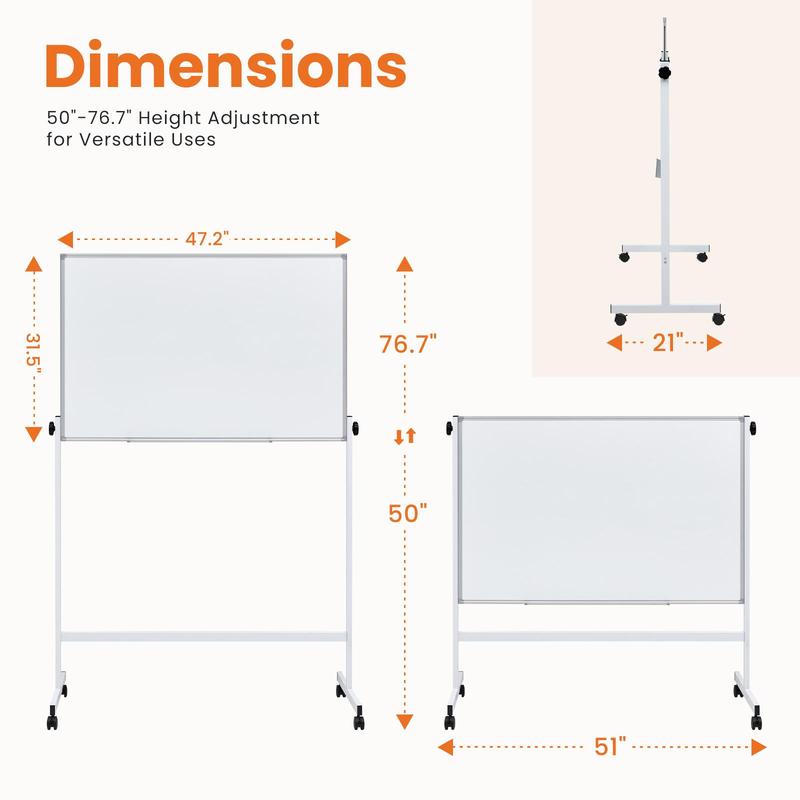 Rolling Whiteboard Double Sided , Magnetic White Board Dry Erase 46"x32" on Wheels, Dry Erase Board with Stand for School, Office and Home, Silver Aluminium Frame